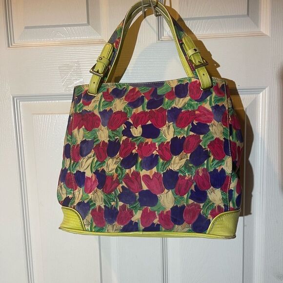Sharon 71% silk multi color tulips & leather crocs print sage green satchel . - Picture 4 of 15